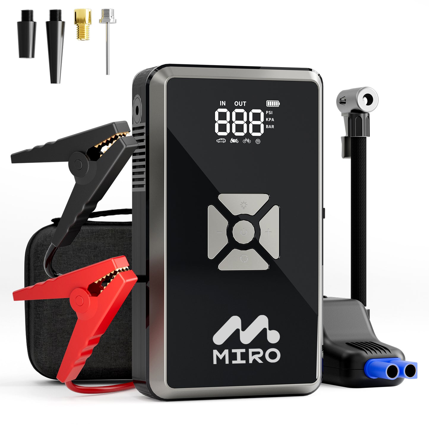 MIRO Jump Starter with 150PSI Air Inflator, Smart Safety Jumper Cables Up to 7.0L Gas and 5.5L Diesel Built-in Flash Light with 3 Modes