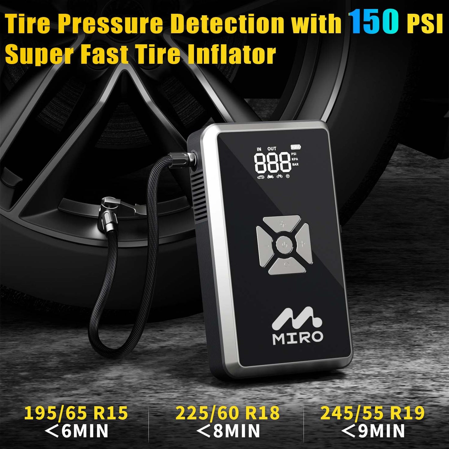 MIRO Jump Starter with 150PSI Air Inflator, Smart Safety Jumper Cables Up to 7.0L Gas and 5.5L Diesel Built-in Flash Light with 3 Modes