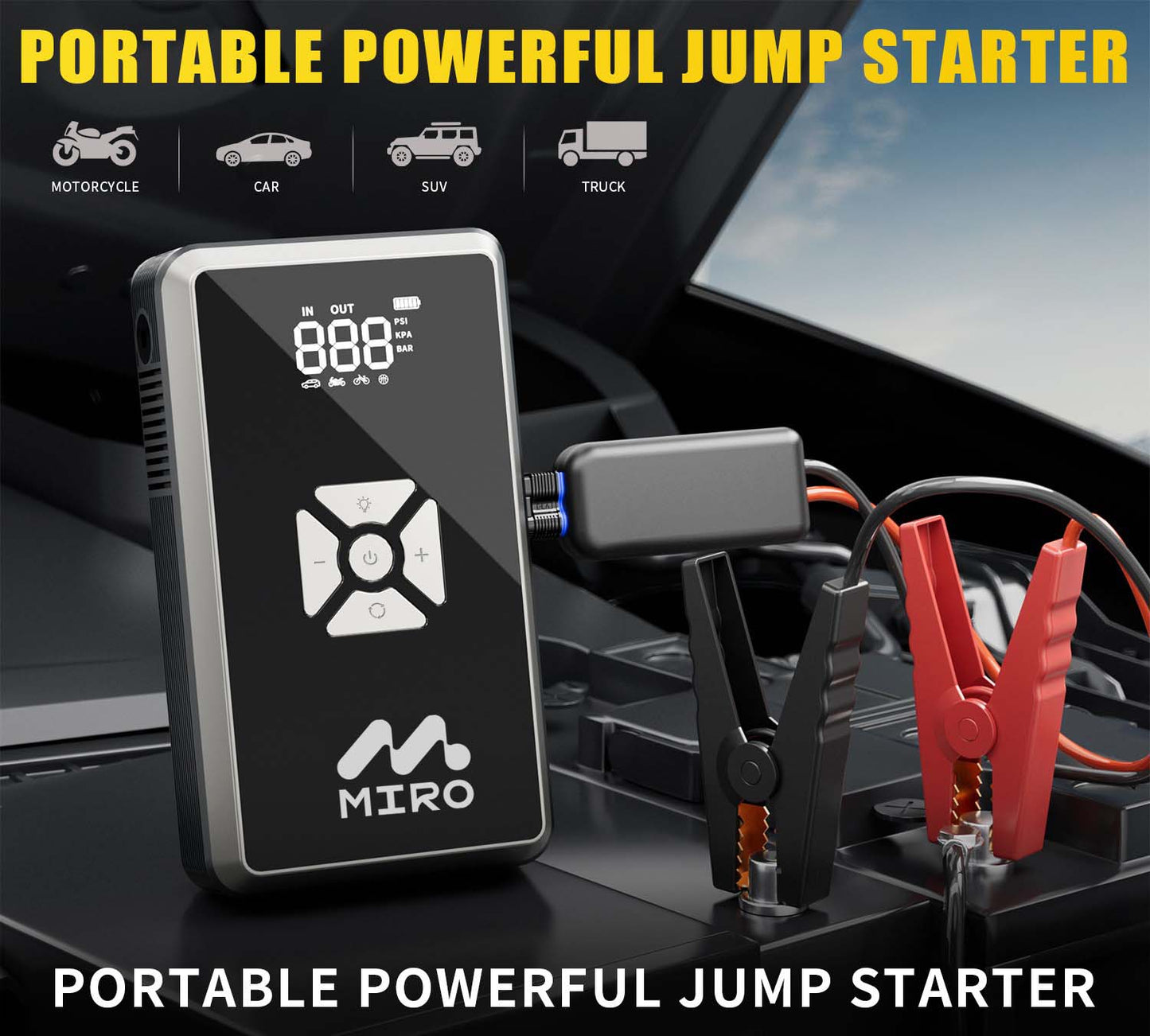 MIRO Jump Starter with 150PSI Air Inflator, Smart Safety Jumper Cables Up to 7.0L Gas and 5.5L Diesel Built-in Flash Light with 3 Modes