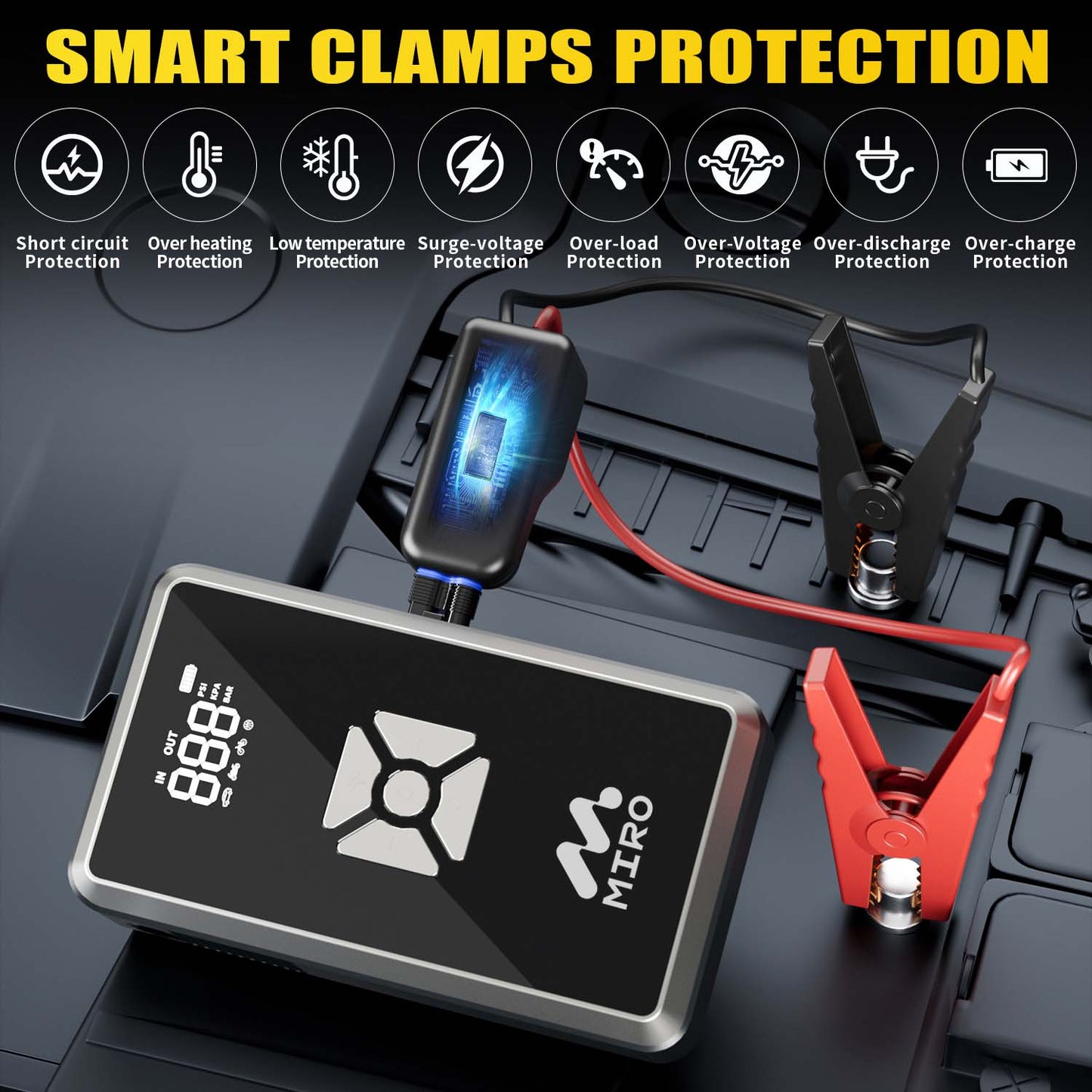 MIRO Jump Starter with 150PSI Air Inflator, Smart Safety Jumper Cables Up to 7.0L Gas and 5.5L Diesel Built-in Flash Light with 3 Modes