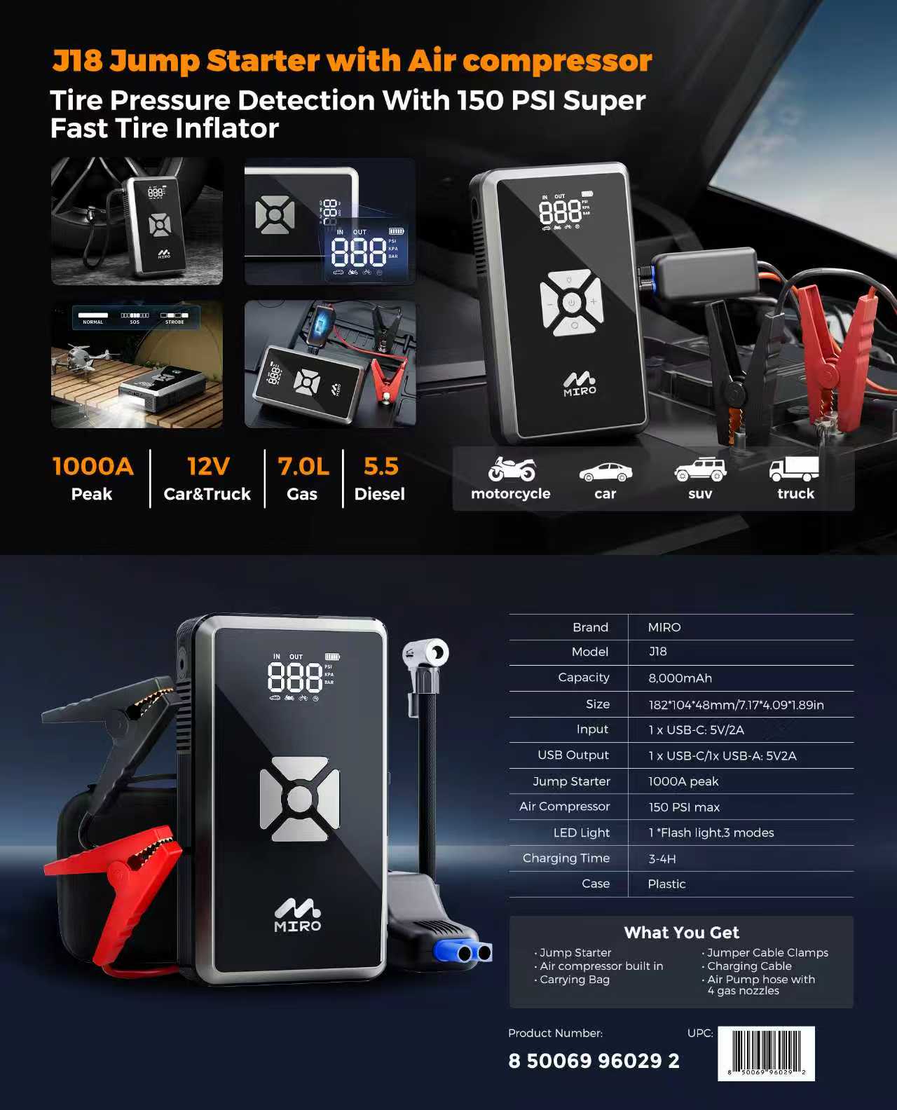 MIRO Jump Starter with 150PSI Air Inflator, Smart Safety Jumper Cables Up to 7.0L Gas and 5.5L Diesel Built-in Flash Light with 3 Modes