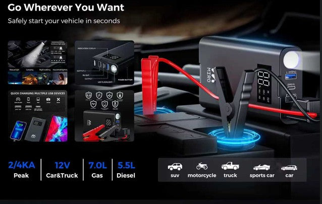 MIRO Jump Starter 12000mAh with Smart Safety Jumper Cables Up to 7.0L Gas and 5.5L Diesel Built-in Flash Light with 3 Modes