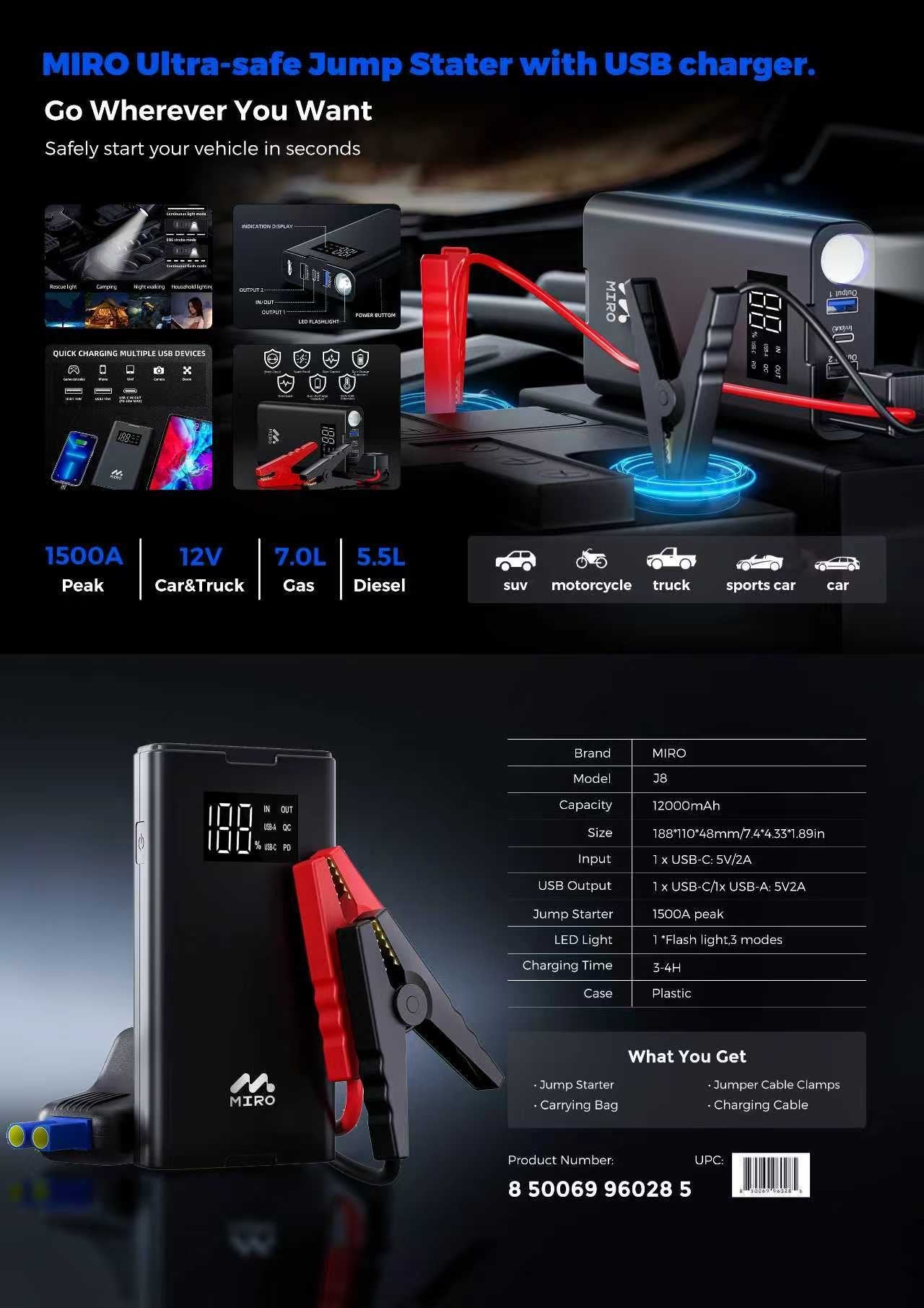 MIRO Jump Starter 12000mAh with Smart Safety Jumper Cables Up to 7.0L Gas and 5.5L Diesel Built-in Flash Light with 3 Modes