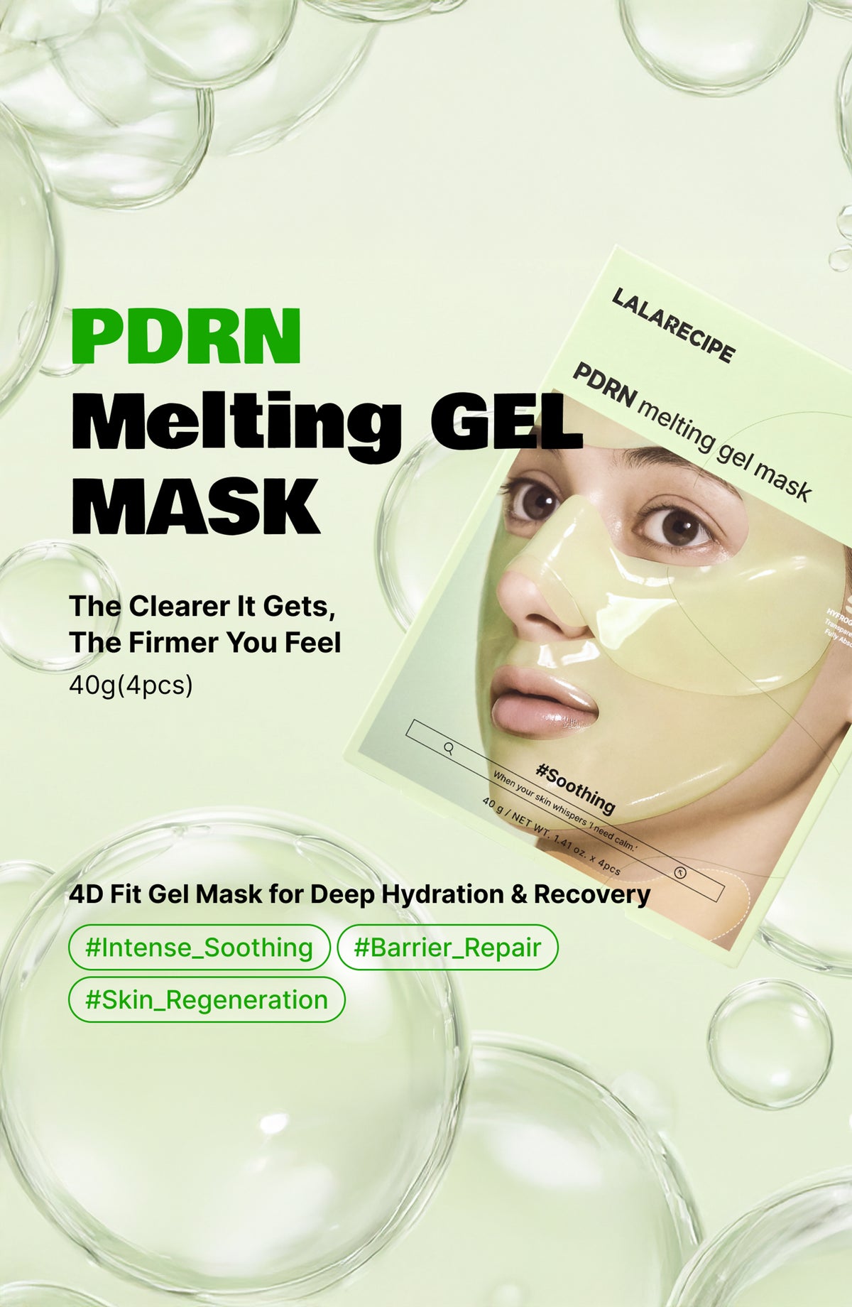 LALARECIPE PDRN Melting Gel Mask, 4D Fit, deep hydration and recovery. Deep soothing and skin regeneration. 4 Masks Included.