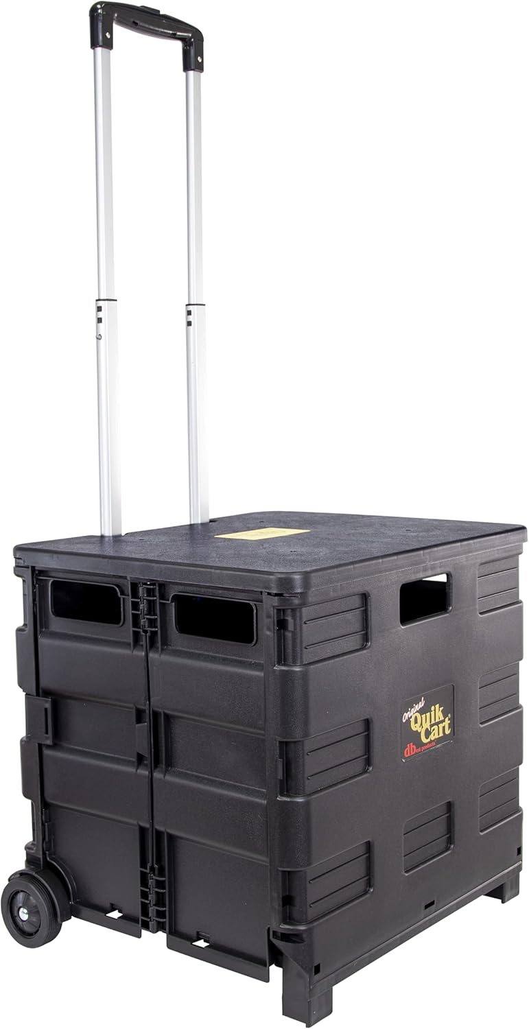 dbest products Quik Cart Collapsible Rolling Crate on Wheels for Teachers Tote Basket 80 lbs Capacity, Made from Heavy Duty Plastic and used as a Seat