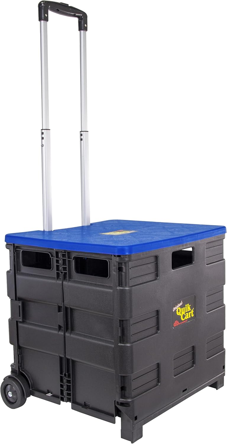 dbest products Quik Cart Collapsible Rolling Crate on Wheels for Teachers Tote Basket 80 lbs Capacity, Made from Heavy Duty Plastic and used as a Seat