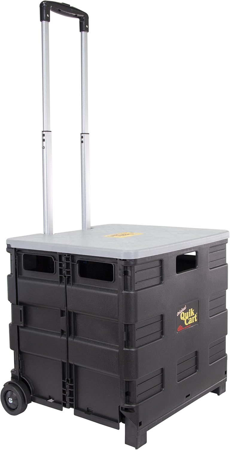 dbest products Quik Cart Collapsible Rolling Crate on Wheels for Teachers Tote Basket 80 lbs Capacity, Made from Heavy Duty Plastic and used as a Seat
