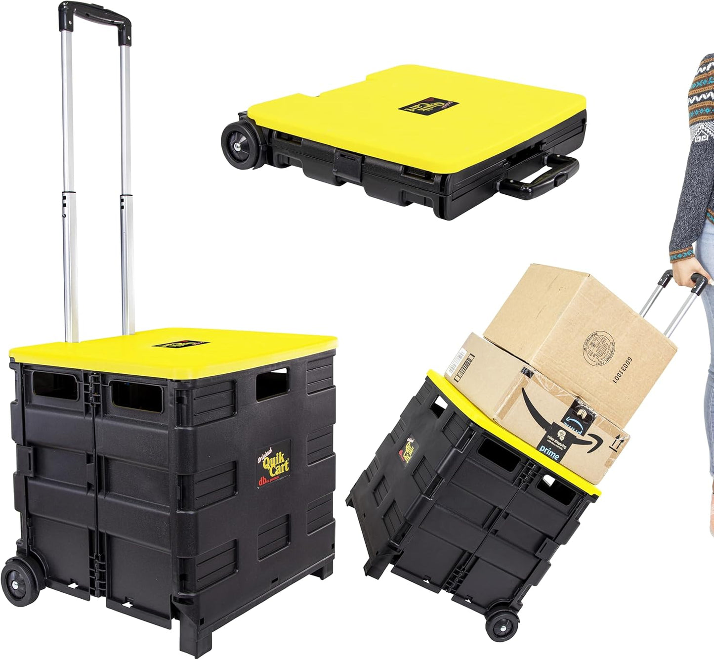 dbest products Quik Cart Collapsible Rolling Crate on Wheels for Teachers Tote Basket 80 lbs Capacity, Made from Heavy Duty Plastic and used as a Seat