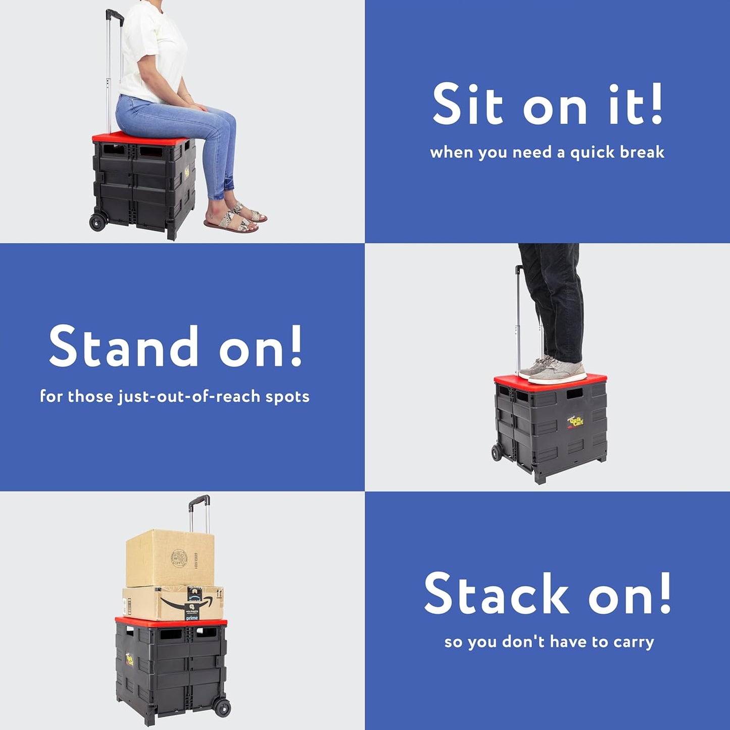 dbest products Quik Cart Collapsible Rolling Crate on Wheels for Teachers Tote Basket 80 lbs Capacity, Made from Heavy Duty Plastic and used as a Seat