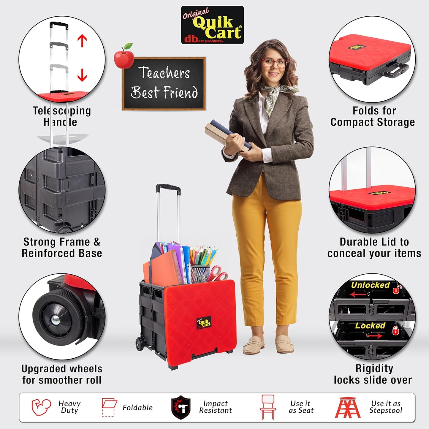 dbest products Quik Cart Collapsible Rolling Crate on Wheels for Teachers Tote Basket 80 lbs Capacity, Made from Heavy Duty Plastic and used as a Seat