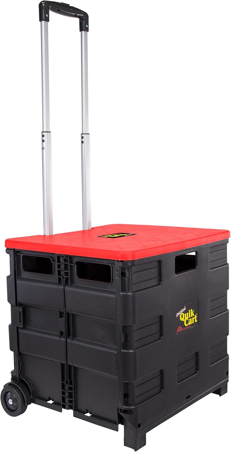 dbest products Quik Cart Collapsible Rolling Crate on Wheels for Teachers Tote Basket 80 lbs Capacity, Made from Heavy Duty Plastic and used as a Seat