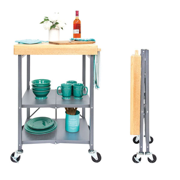 Origami 3-Shelf Kitchen Cart with 2inch Wood Top, Powder Coated Steel Frame and Wheels, Foldable, No Assembly Required