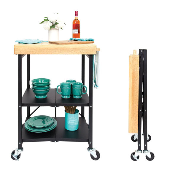Origami 3-Shelf Kitchen Cart with 2inch Wood Top, Powder Coated Steel Frame and Wheels, Foldable, No Assembly Required