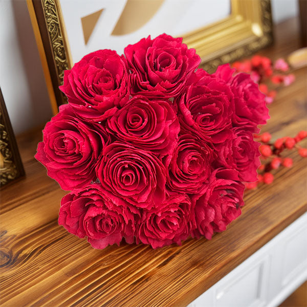 Wood Flower Hand Crafted Dozen Bouquet, Everlasting Arrangement, 100% Organic Wood, Petal Soft Texure, Real Life Look and Feel