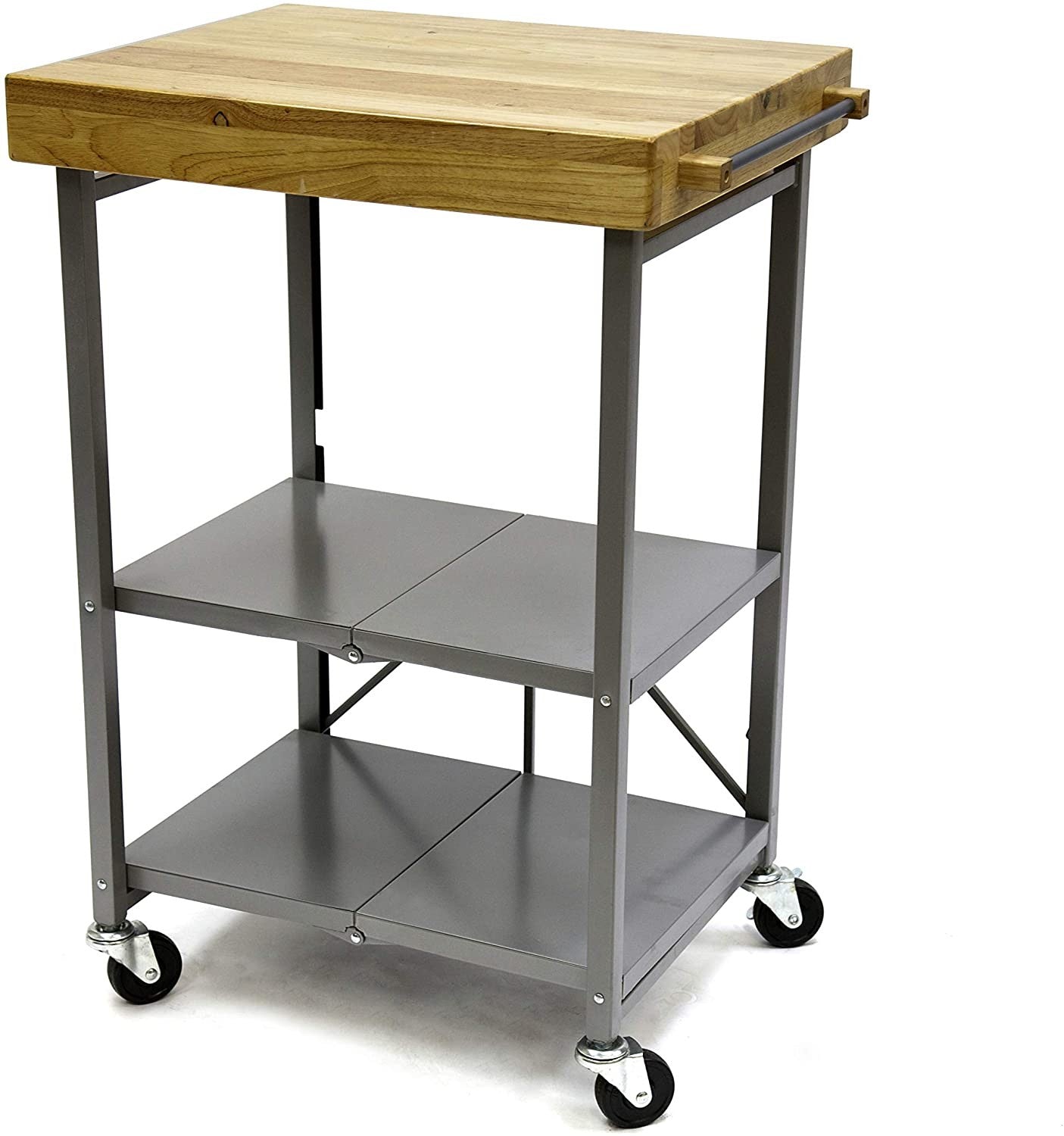 Origami 3-Shelf Kitchen Cart with 2inch Wood Top, Powder Coated Steel Frame and Wheels, Foldable, No Assembly Required