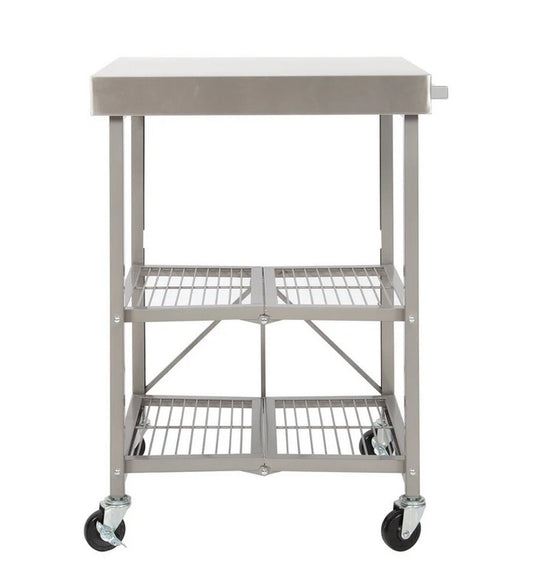 Origami 3-Shelf Kitchen Cart with Stainless Steel Top, Powder Coated Steel Frame and Wheels, Foldable, No Assembly Required