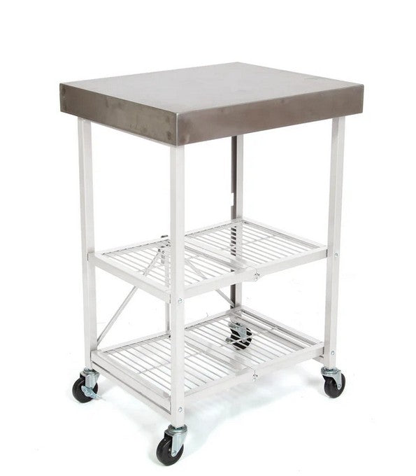 Origami 3-Shelf Kitchen Cart with Stainless Steel Top, Powder Coated Steel Frame and Wheels, Foldable, No Assembly Required