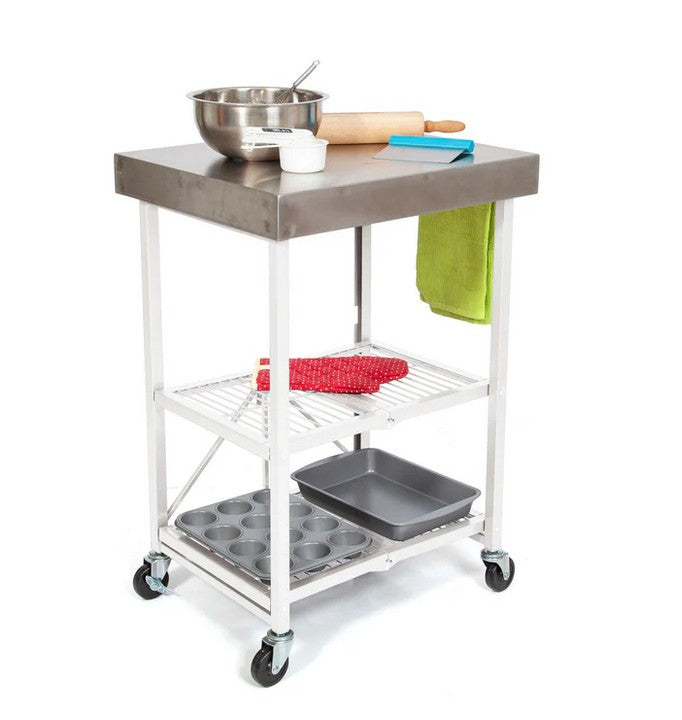 Origami 3-Shelf Kitchen Cart with Stainless Steel Top, Powder Coated Steel Frame and Wheels, Foldable, No Assembly Required