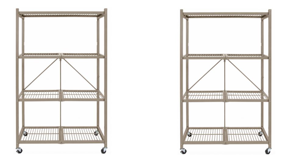 Origami Large Foldable Origami Rack 2Pack No Assembly Required! Powder coated Steel. Indoors or Outdoors. 250lbs/shelf without wheels for up to 1000lbs! 75lbs/shelf with wheels. 4 x 360 degree caster wheels included. 2 wheels are locking.