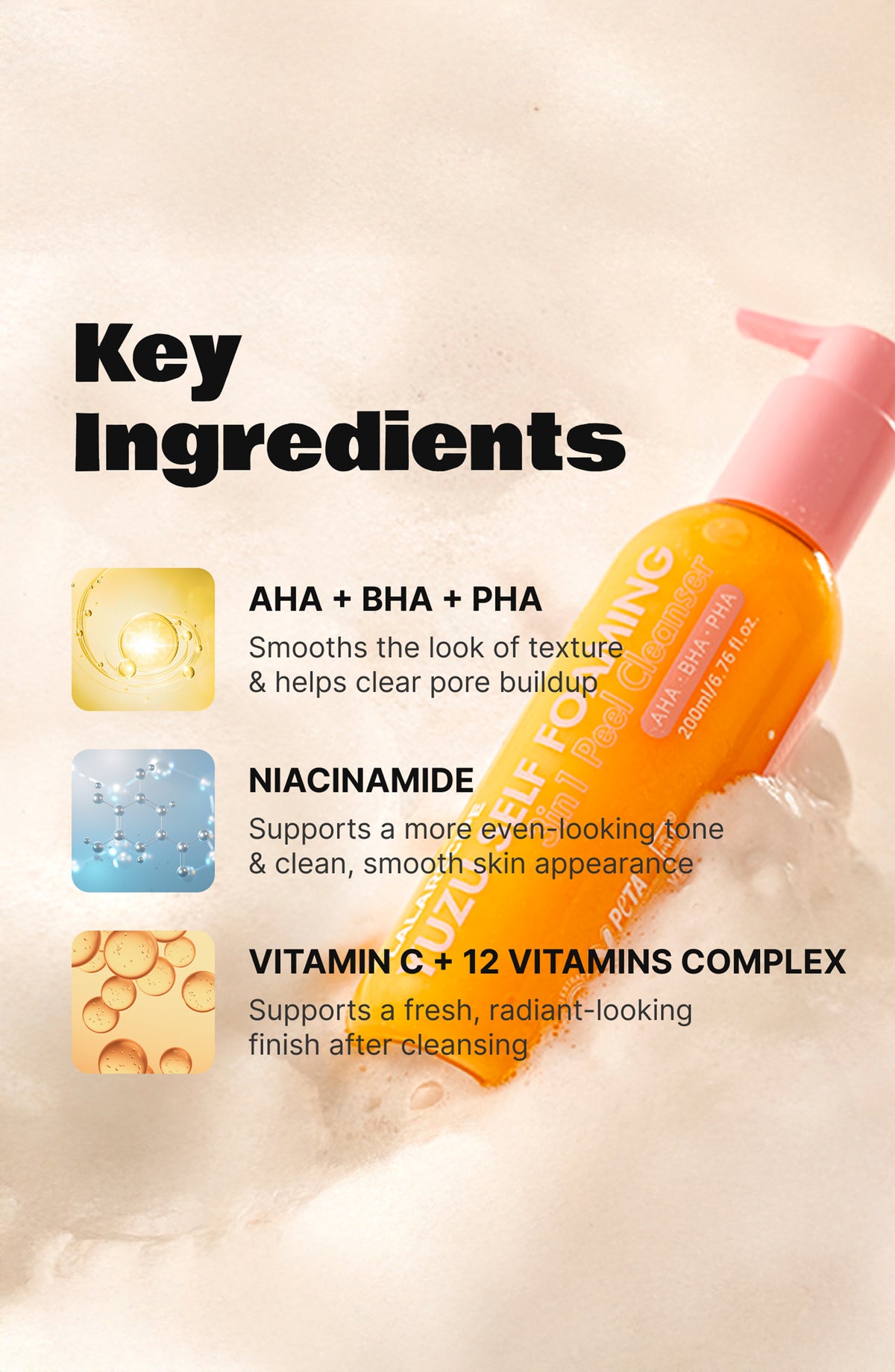 LALARECIPE Yuzu Vita C 3-in-1 Self Foaming Cleanser, Oxygen Bubble Cleanser + Gentle Exfoliator + Makeup Remover all in one product. 6.76 fluid oz