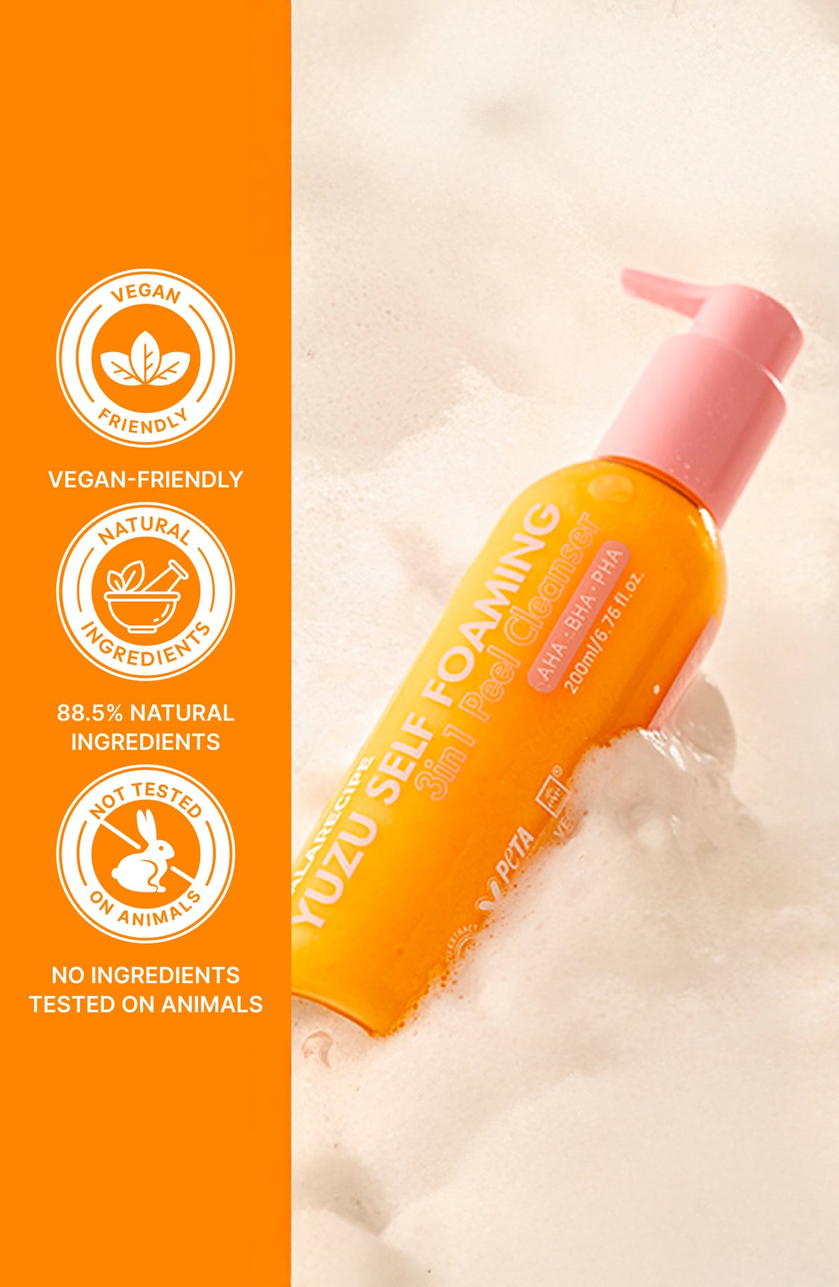 LALARECIPE Yuzu Vita C 3-in-1 Self Foaming Cleanser, Oxygen Bubble Cleanser + Gentle Exfoliator + Makeup Remover all in one product. 6.76 fluid oz